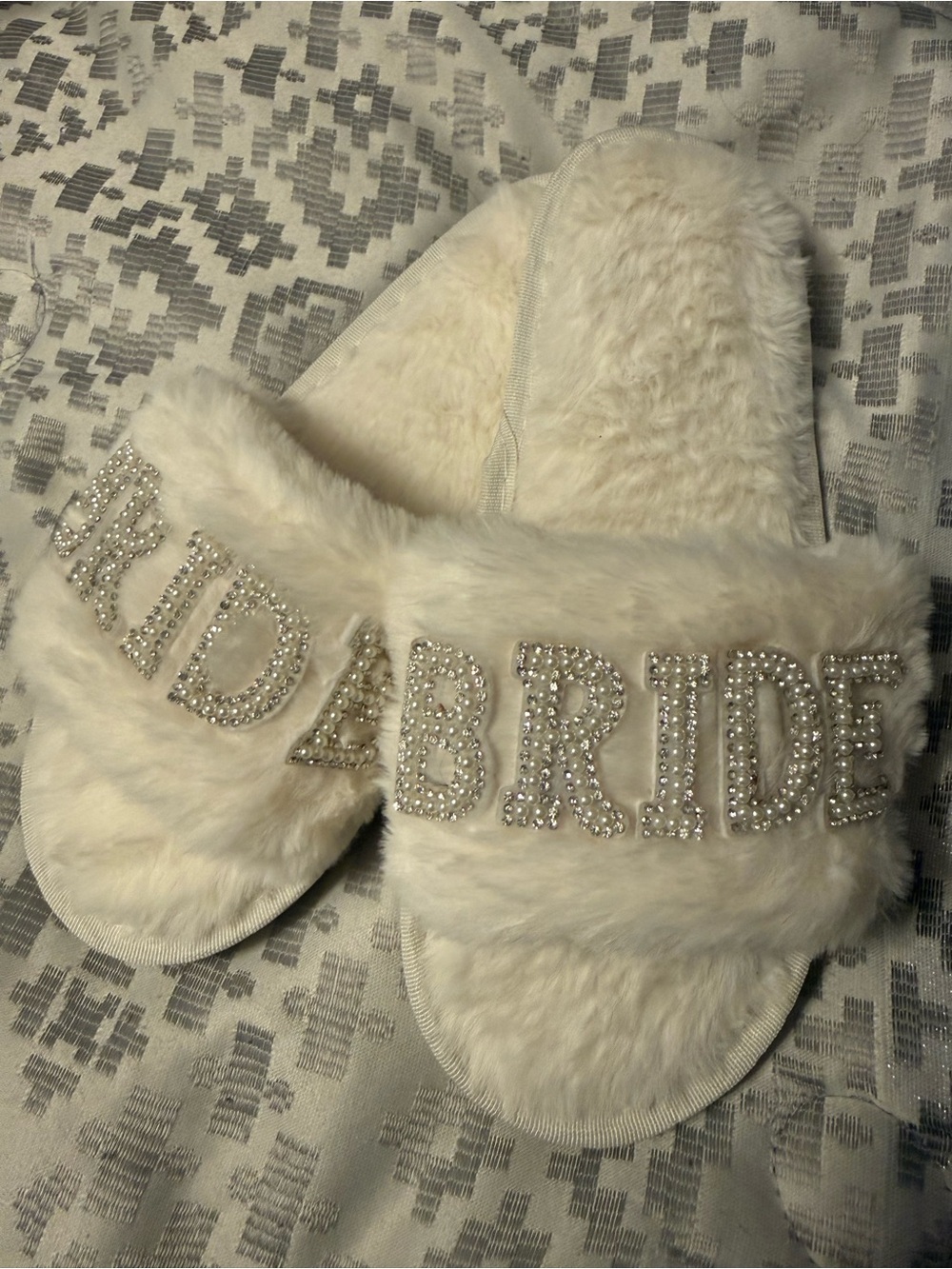 Amazon White Faux Fur 'BRIDE' Jeweled Slippers
